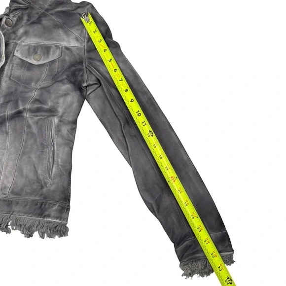 JKT NYC Womens Grey Genuine Leather Fringed Jacket Size XS 'Alexa‎ Patina' Moto